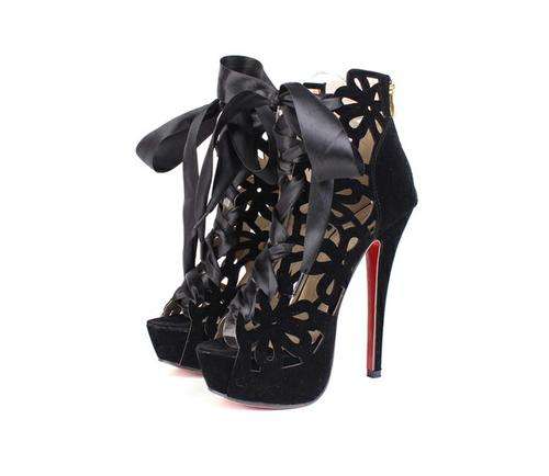 Ladies Black Floral Like Cut Out Booties
