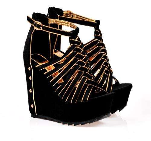 Black Strappy Wedges with Gold Edging