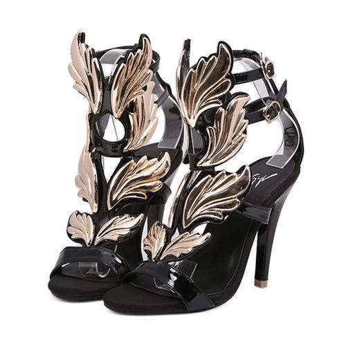 Ladies designer like black heels with gold leaf embellishments