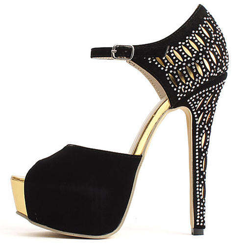 Beautiful ladies peep toe sandals with gold platform and gold and black design detail down the heel
