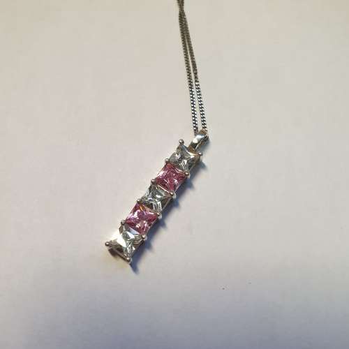 Beautiful Sterling Silver Necklace with Pink & Clear Stone Pendant