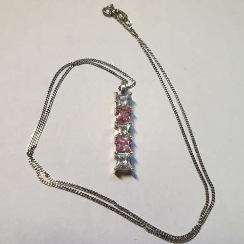 Beautiful Sterling Silver Necklace with Pink & Clear Stone Pendant