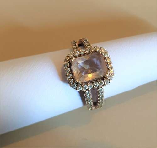 Stunning 925 Sterling Silver Ring with Rose gold plating and a large champagne coloured center stone