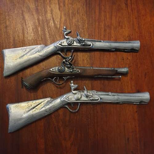 One Replica Flintlock Display Pistol *AND* Two Cast Iron Flintlock Display Pistols