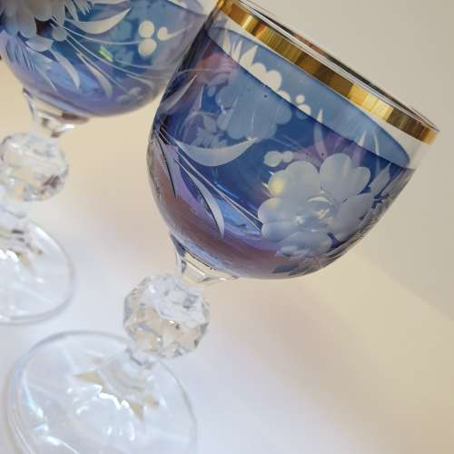 Small Glass Goblets with Beautiful Gold rim and Blue stained pattern