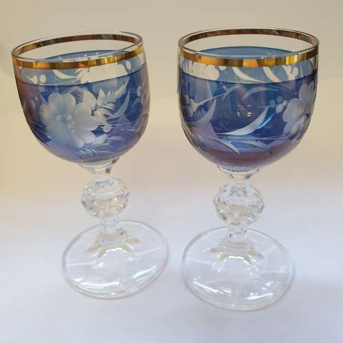 Small Glass Goblets with Beautiful Gold rim and Blue stained pattern