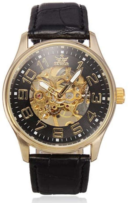 SEWOR Genuin leather strap Mechanical skeleton Timepiece