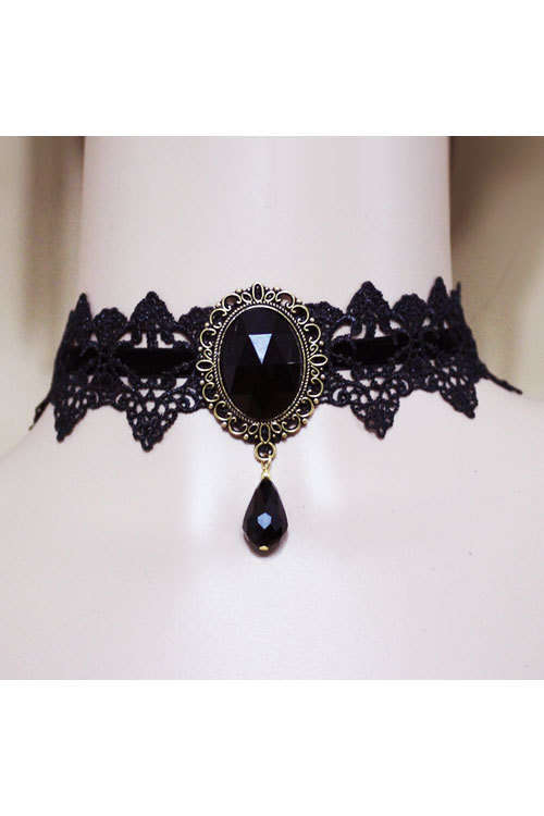 Gothic Black Vintage Lace Necklace with Velvet Ribbon - Handmade