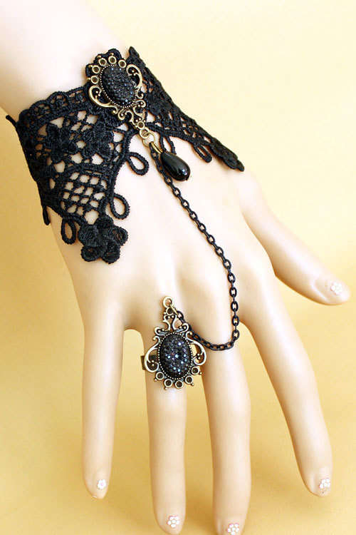 Victorian Black Lace Bracelet with Ring and Resin Diamond - Handmade