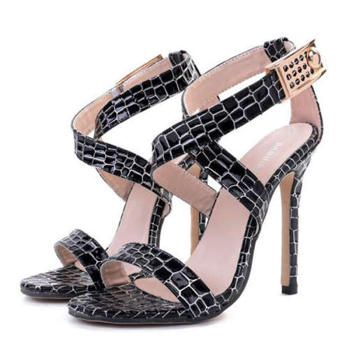 Black Elegant Serpentine Cross Belt Stiletto Sandals - FREE SHIPPING