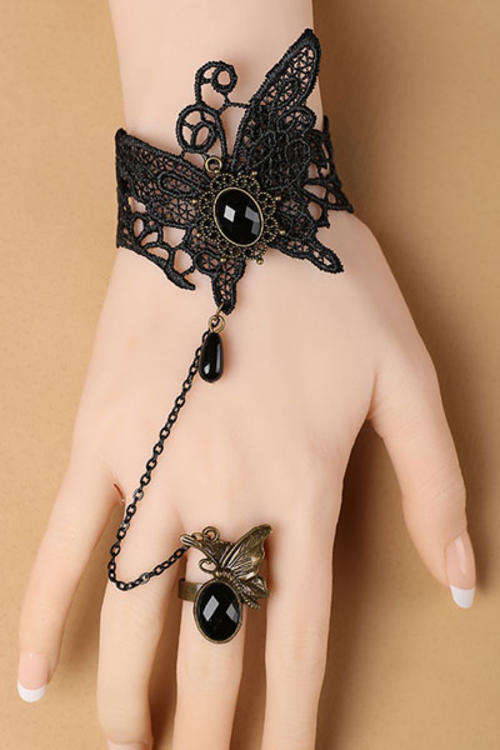 Black Gothic Lace Bracelet with Ring