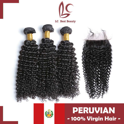 Weave with a Closure, 300g Peruvian Kinky Curl Hair with a Closure