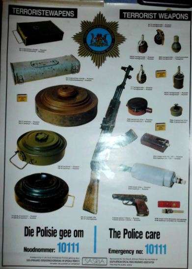 OLD SAPS/SAPD POSTER WITH EXAMPLES OF TERRORIST WEAPONS-70S-80S BORDERWAR ERA