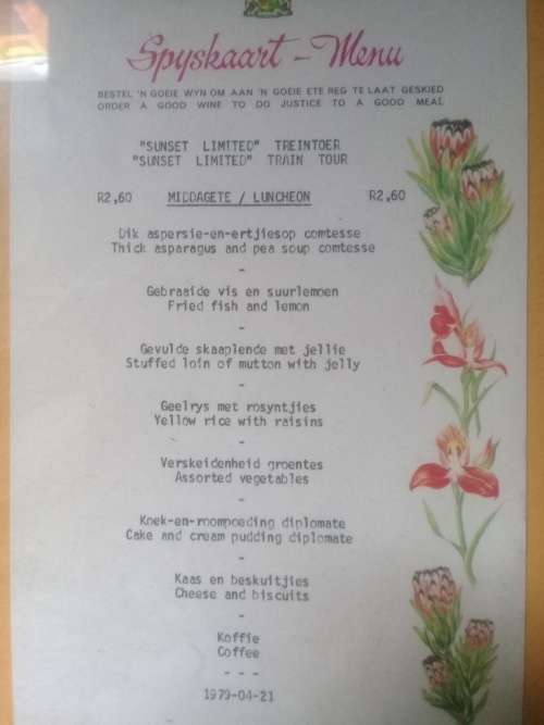 SAR Dining Car Menu