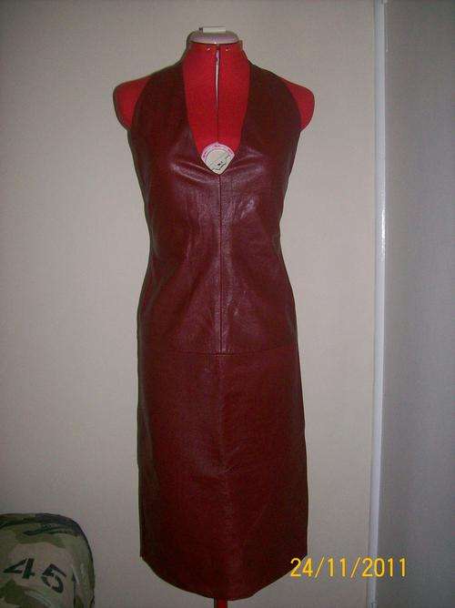 Secondhand halter genuine leather dark red color open back pencil dress size M!!!