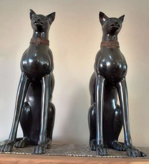 Stunning Pair of Bronze Cat Statues (c.1930) by Artist A. Tiot