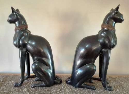 Stunning Pair of Bronze Cat Statues (c.1930) by Artist A. Tiot