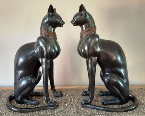 Stunning Pair of Bronze Cat Statues (c.1930) by Artist A. Tiot