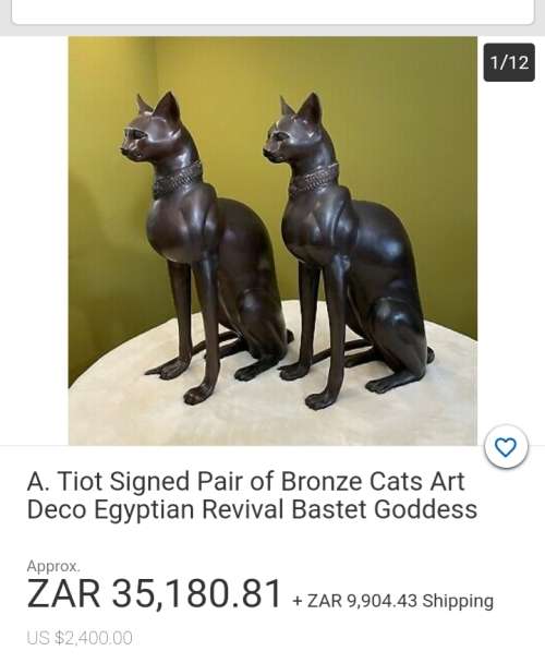 Stunning Pair of Bronze Cat Statues (c.1930) by Artist A. Tiot