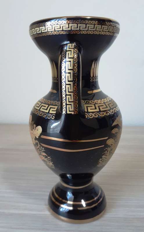 Lovely Handmade Greek Ceramic Vase, 24K Gold on Black