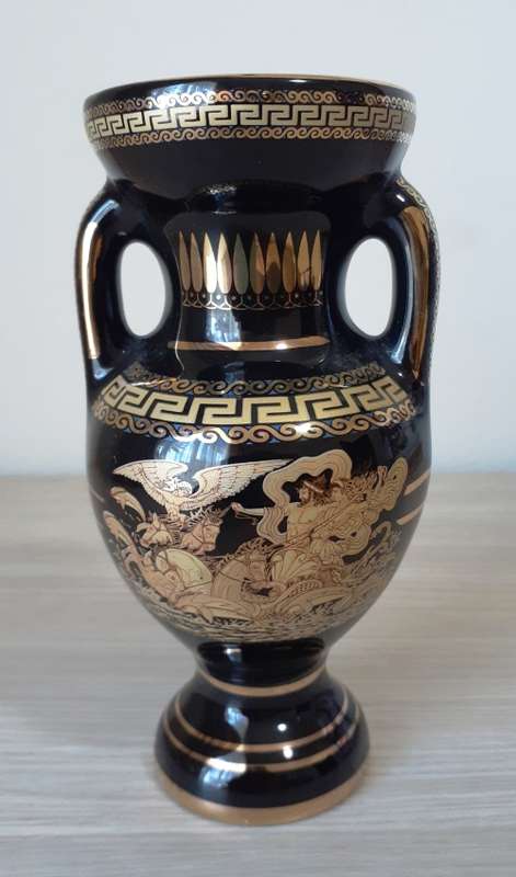 Lovely Handmade Greek Ceramic Vase, 24K Gold on Black