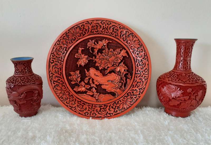 Antique/Vintage Chinese Red Cinnabar Vases and Plate