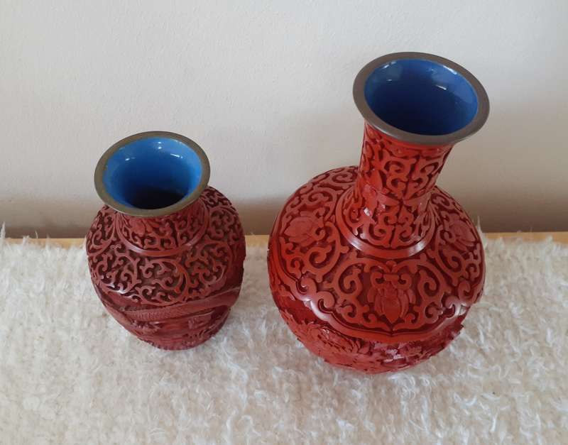 Antique/Vintage Chinese Red Cinnabar Vases and Plate