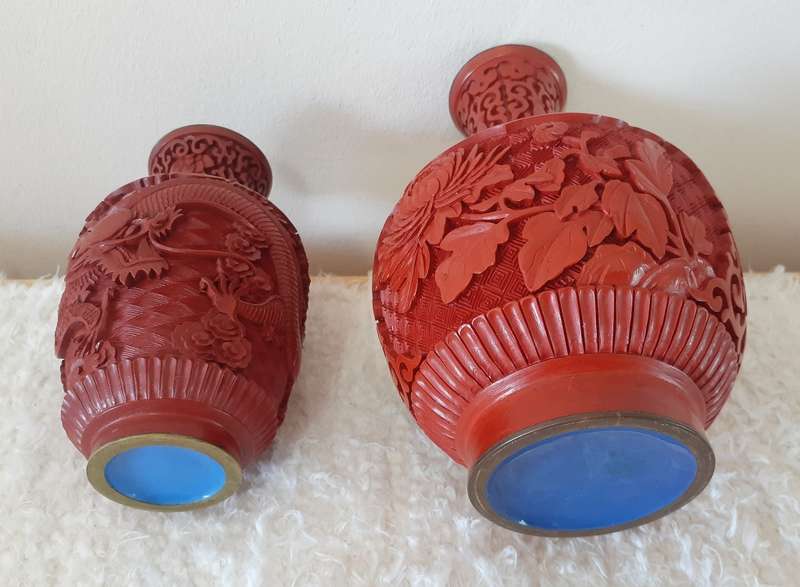 Antique/Vintage Chinese Red Cinnabar Vases and Plate