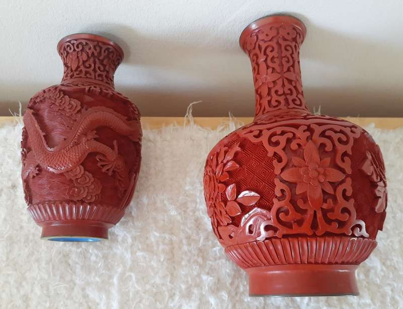 Antique/Vintage Chinese Red Cinnabar Vases and Plate