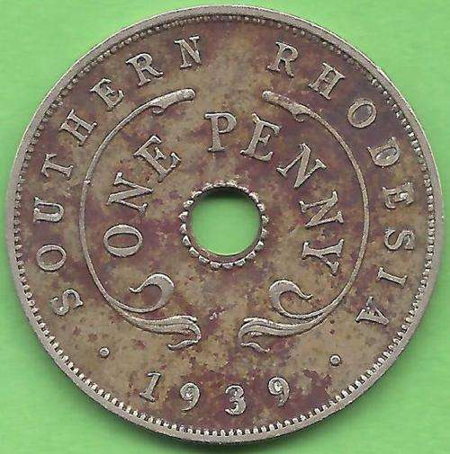 Scarce World War II Era Coin . 1939 One Penny Southern Rhodesia.