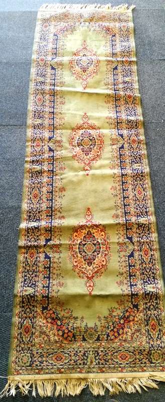 Thin Persian Carpet Runner. Main Colour is Green. 2.25m x 66cm