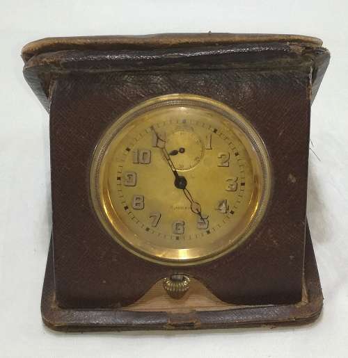 Vintage French 8 Jours Travel Clock in Leather case. Working condition