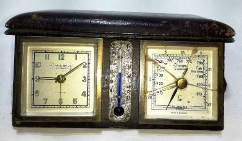 Vintage Mannie Bros, Johannesburg Clock, Thermometer and Barometer in Leather covered case