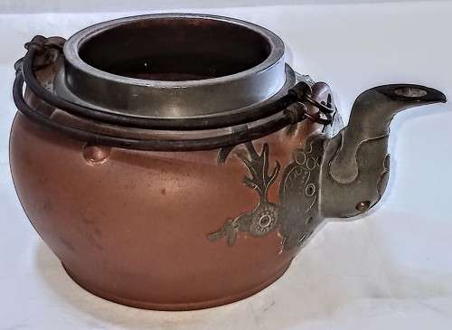 Chinese Terracotta Teapot and Lid with Metal Inlays. View pictures for condition