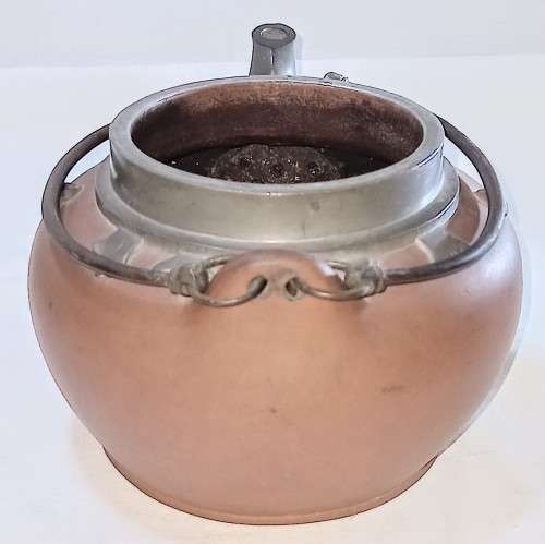 Chinese Terracotta Teapot and Lid with Metal Inlays. View pictures for condition