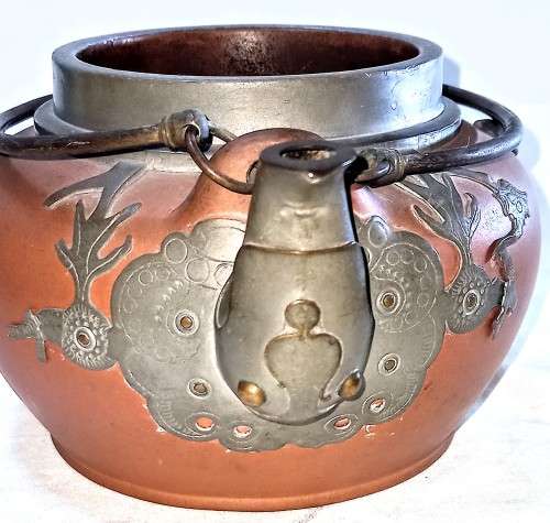 Chinese Terracotta Teapot and Lid with Metal Inlays. View pictures for condition