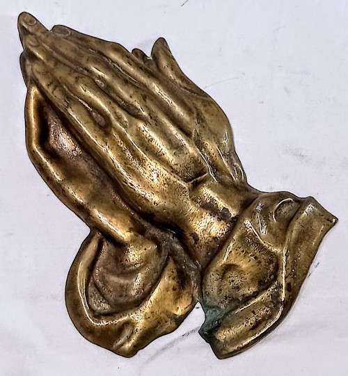 Copper Plaque with Repoussé Hands in Afrikaans and 3 Dimensional Praying Hands in Solid Brass
