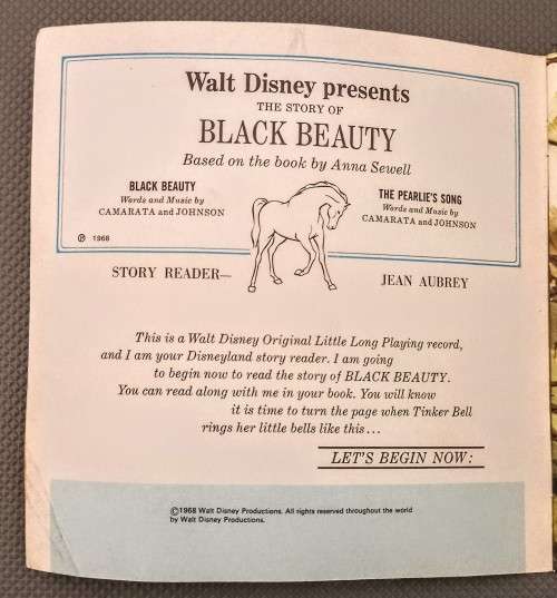 Original 1968 Walt Disney 24 Page Book and Record. The Story of Black Beauty