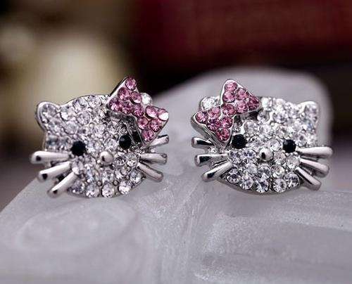 Hello Kitty Stud Earrings With A-Grade Clear And Pink Rhinestones
