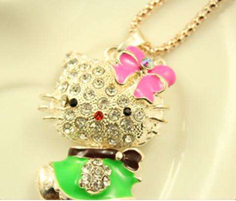 *SALE* HELLO KITTY PENDANT NECKLACE WITH A-GRADE CLEAR RHINESTONES & PINK & GREEN ENAMEL