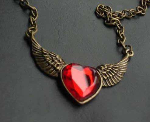 VINTAGE RED HEART WITH OPEN WINGS PENDANT NECKLACE