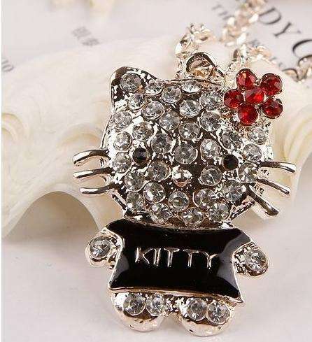 HELLO KITTY PENDANT NECKLACE WITH A-GRADE CLEAR & RED RHINESTONE & BLACK ENAMEL