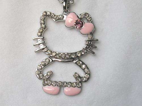 HELLO KITTY PENDANT NECKLACE WITH A-GRADE CLEAR RHINESTONES & PINK ENAMEL