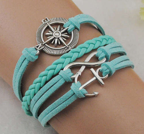 Infinity, Compass, Anchor, Antique Silver Korea Velvet Leather Bracelet