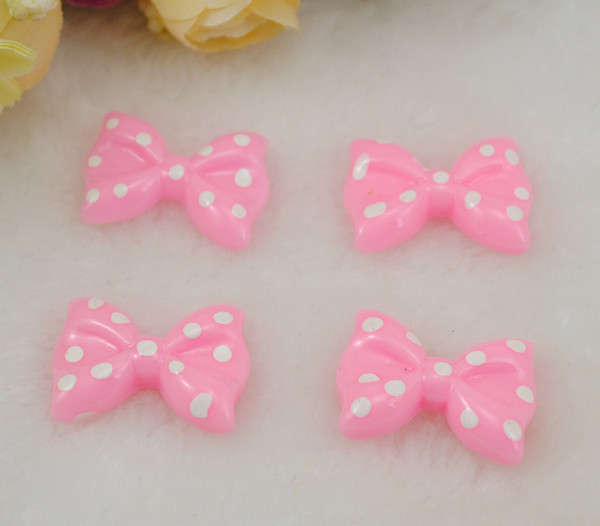 2 PCS RESIN PINK BOW WITH WHITE DOTS FLAT BACK EMBELLISHMENTS FOR ARTS & CRAFTS