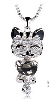 KITTY CAT PENDANT NECKLACE WITH A-GRADE CLEAR RHINESTONES - BLACK
