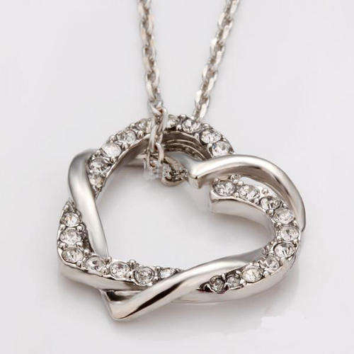 DOUBLE HEART PENDANT NECKLACE WITH CRYSTALS - SILVER COLOR