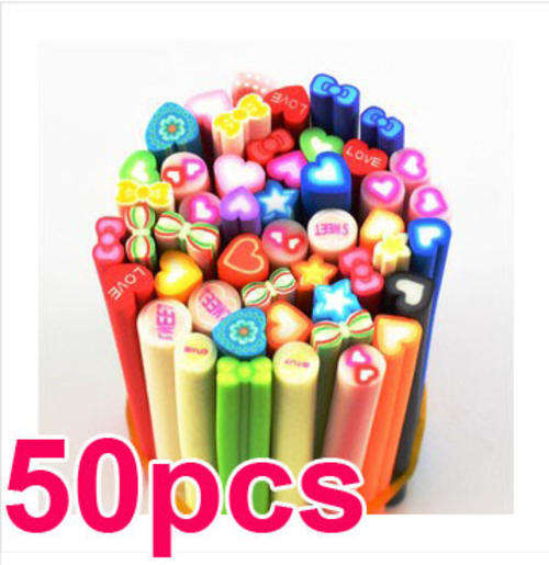 50 x LOVE HEART TYPE NAIL ART FIMO RODS DIY SLICE TIP DECORATION DECALS