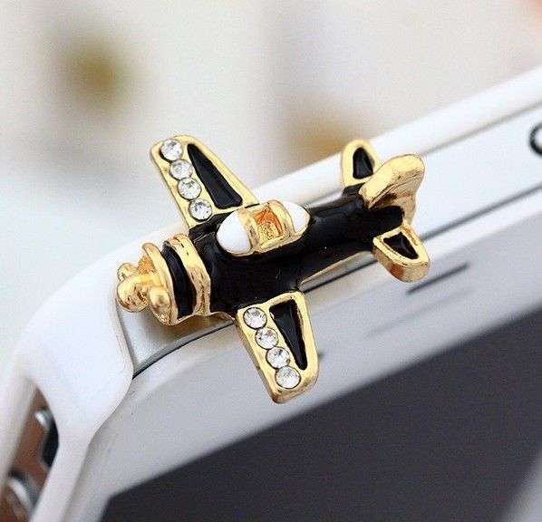BLACK AIRCRAFT CRYSTAL  EARPHONE ANTI DUST PLUG FOR IPHONE