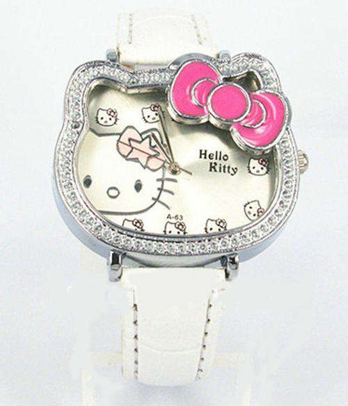 HELLO KITTY "RIBBON" WATCH WITH A-GRADE CLEAR RHINESTONES & PU LEATHER STRAP - WHITE